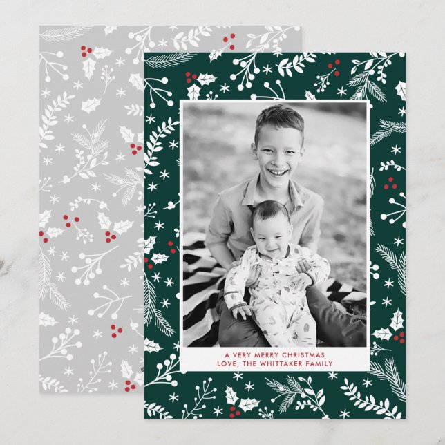 Winter Green Berries Christmas Holiday Flat Card (Front/Back)