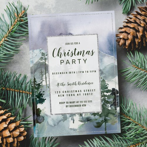 Winter green blue pine tree Christmas Invitation