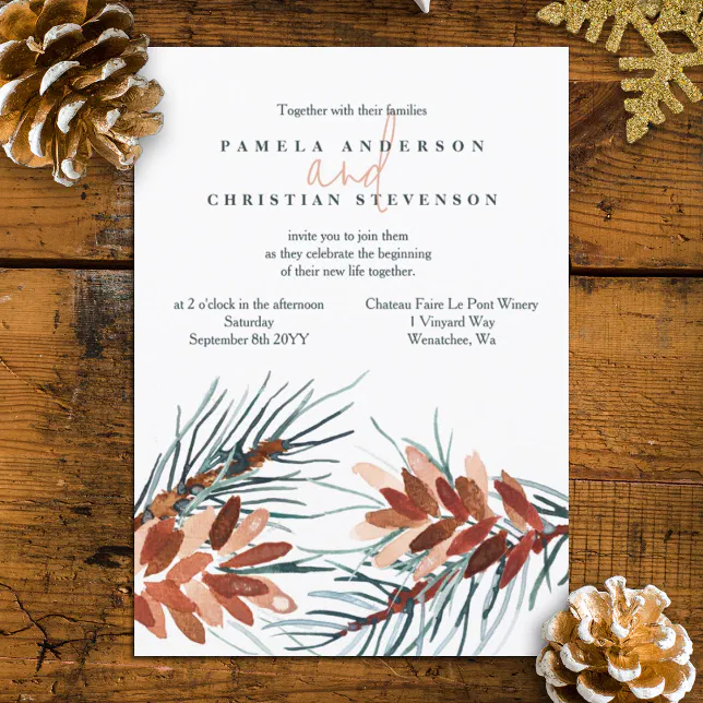 Winter Green, Brown Pine Cones Wedding Invitations | Zazzle