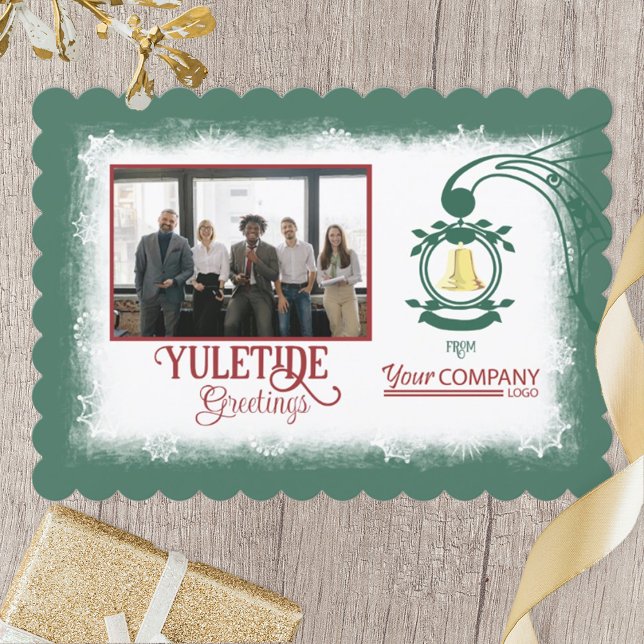 Winter Green, Burgundy Red Script Gold Bell Holiday Card (green red burgundy business Christmas holiday greeting card, company logo and photo, gold bell)