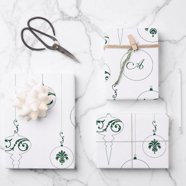 Winter Green Christmas Monogram Bauble Ornaments Wrapping Paper Sheets (Front)