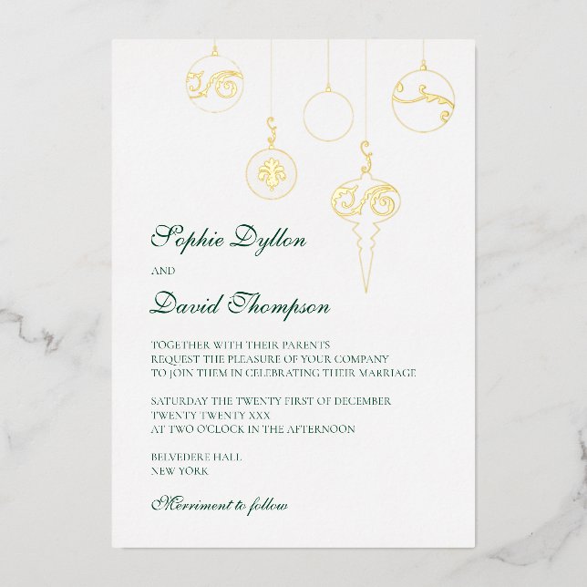 Winter Green Christmas Ornaments Wedding Gold Foil Invitation (Front)
