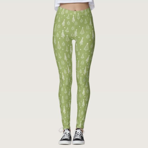 Winter Green Christmas Tree and Snow Leggings