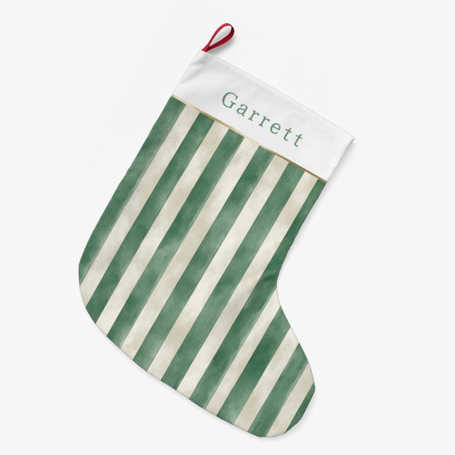 Winter Green Cream Stripes Christmas Large Christmas Stocking (Front (Hanging))