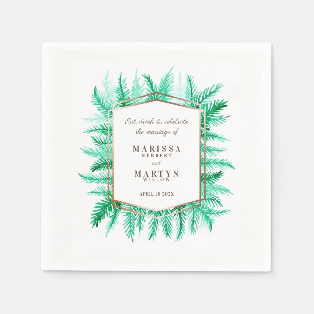 Winter green evergreen foliage watercolor wedding napkins (Front)
