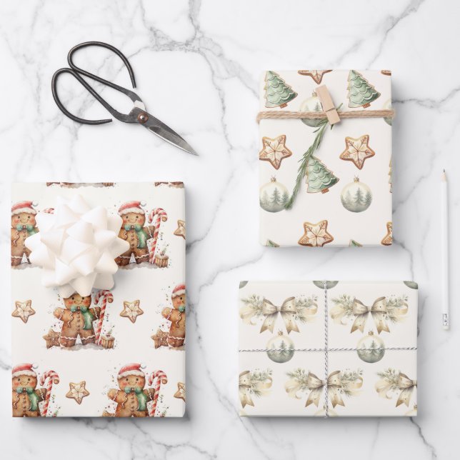 Winter Green Gingerbread Christmas Wrapping Paper Sheets (Front)