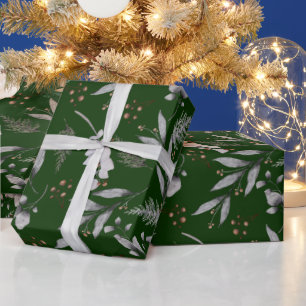 Winter Green Leaves Berries Pine Watercolor Wrapping Paper