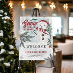 Winter green pine ice snowman welcome baby shower foam board<br><div class="desc">Welcome guests to your winter wonderland with our Snow Much Joy Welcome Sign! Featuring a charming baby snowman wearing a Santa hat with red and white scarf stripes, surrounded by snowflakes and green pine branches with red berries with an icy frame and snow with an ice blue editable background and...</div>