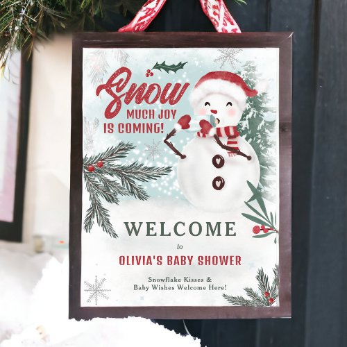 Winter green pine ice snowman welcome baby shower poster