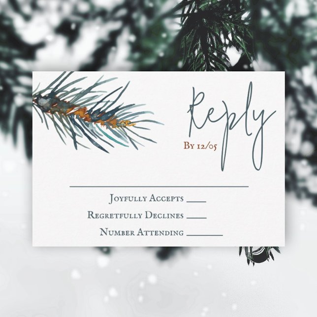 Winter Green Pine Needles Wedding RSVP Card (rustic brown forest green pine tree watercolor reply wedding rsvp enclosure card winter green brown)
