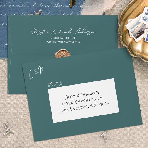 Winter Green Pre_addressed Monogram Wedding Envelope