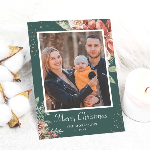 Winter Green Red Floral Merry Christmas Photo  Holiday Card