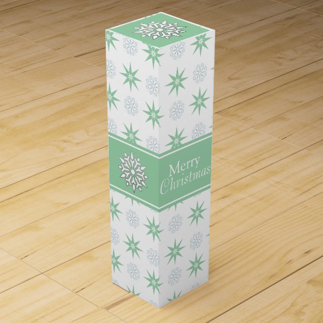 Winter Green Stars and Snowflakes Christmas Wine Box (Front)