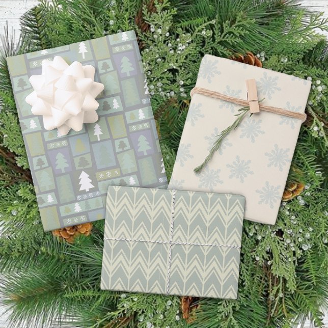Winter Green Trees Snowflakes Pastel Modern Wrapping Paper Sheets (Creator Uploaded)