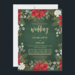 Winter Green Velvet Christmas Floral Wedding Invitation<br><div class="desc">This elegant Christmas wedding invitation showcases a rich deep green velvet background, adding warmth and sophistication to your celebration. The top and bottom edges feature lush festive florals, red poinsettias, creamy white roses, pine, eucalyptus, and mistletoe, all softly blended in a painterly, luxurious style. Fine gold sparkle accents bring a...</div>
