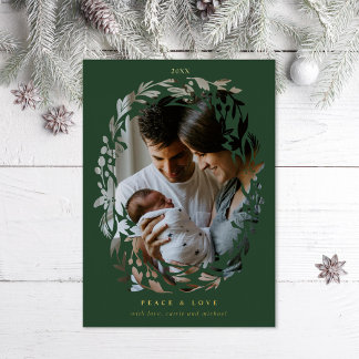 Winter Green Wreath Frame Foil Holiday Card