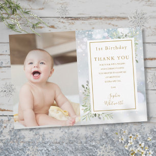 Winter Greenery 1st Birthday Photo Thank You Card