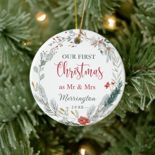 Winter Greenery 1st Christmas Together Photo Ceramic Ornament