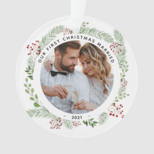 Winter greenery 2 photos just Married ornament
