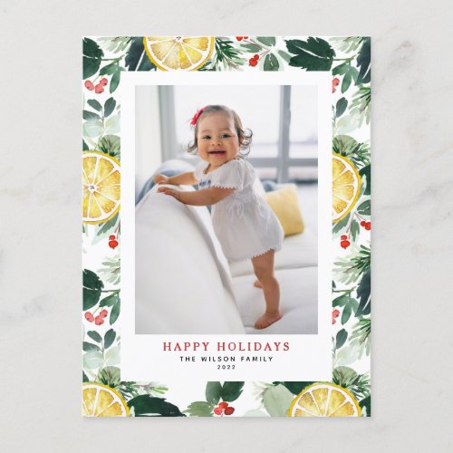Winter Greenery and Citrus Pattern Photo Holiday Postcard