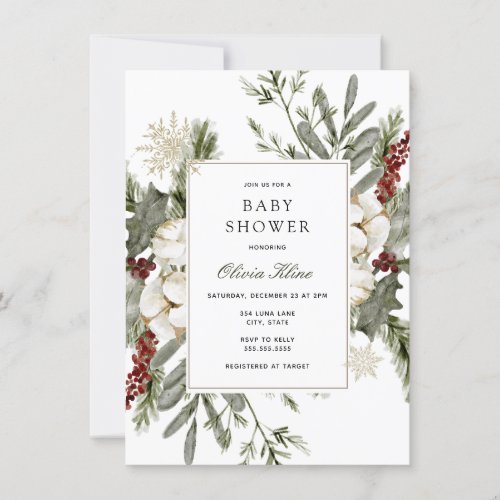 Winter Greenery and Florals Baby Shower Invitation