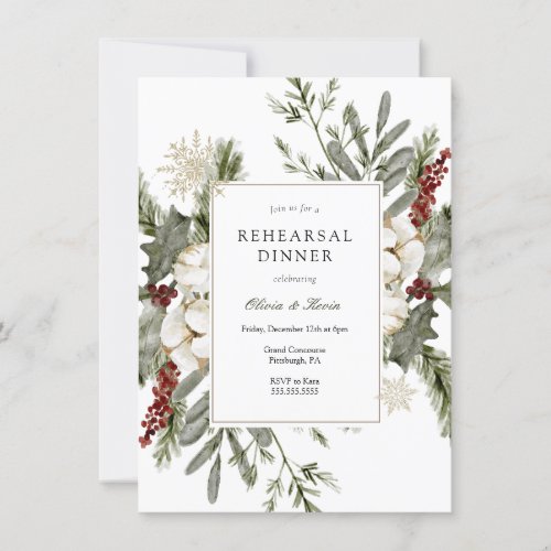 Winter Greenery and Florals Rehearsal Dinner Invitation