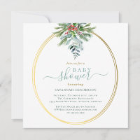 Winter Greenery and Gold Baby Shower Invitation