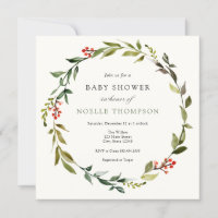 Winter Greenery and Holly Baby Shower Invitation