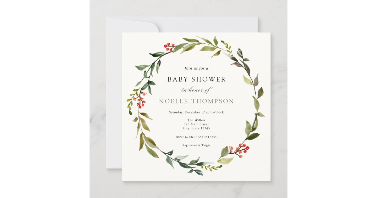 Winter Greenery and Holly Baby Shower Invitation | Zazzle