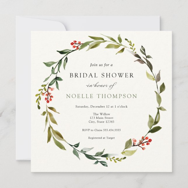 Winter Greenery and Holly Bridal Shower Invitation (Front)