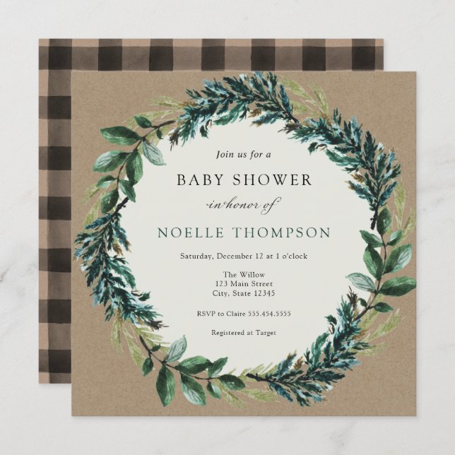 Winter Greenery and Plaid Baby Shower Invitation (Front/Back)