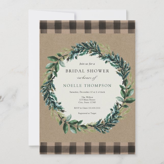 Winter Greenery and Plaid Bridal Shower Invitation (Front)