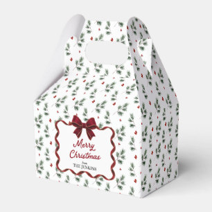 Winter Greenery and Red Bow Christmas Favor Boxes