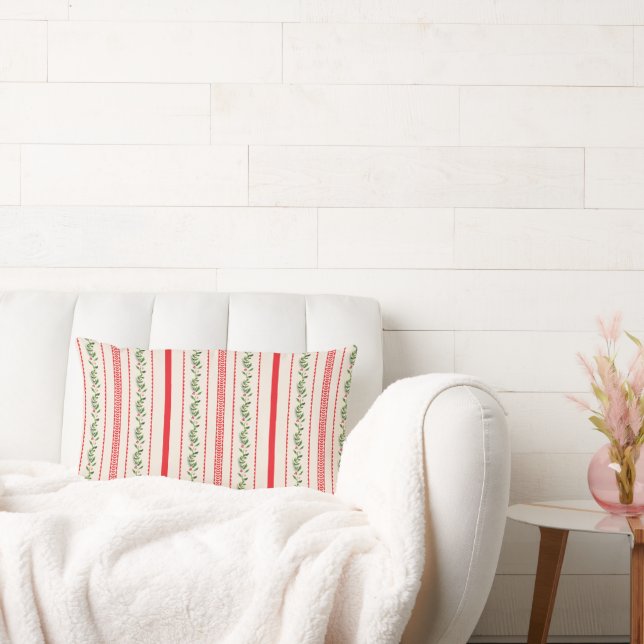 Winter Greenery and Red Striped Pattern Lumbar Pillow (Couch)