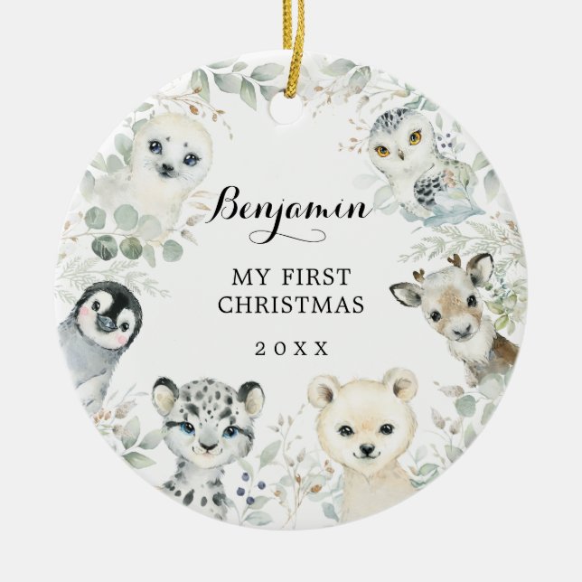 Winter Greenery Arctic Animals Baby 1st Christmas Ceramic Ornament (Front)