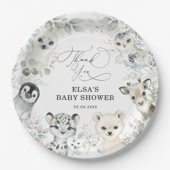 Winter Greenery Arctic Animals Neutral Baby Shower Paper Plates (Front)
