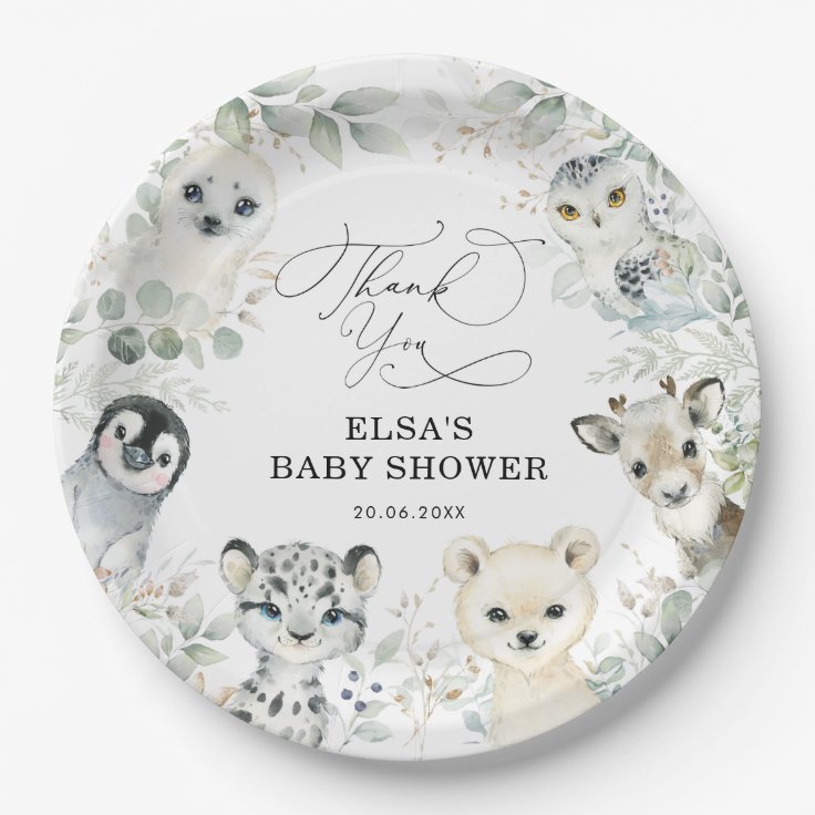 Winter Greenery Arctic Animals Neutral Baby Shower Paper Plates | Zazzle