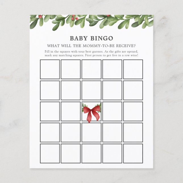 Winter Greenery Baby Bingo Game Card (Front)