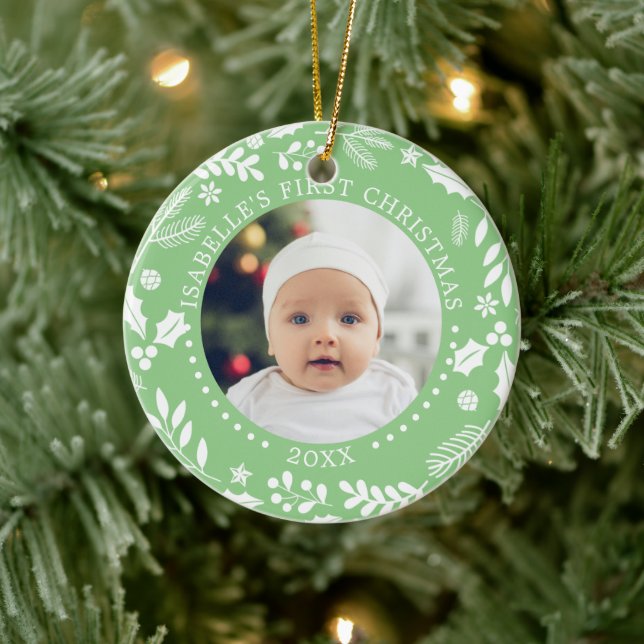 Winter Greenery Baby First Christmas Photos Ceramic Ornament (Tree)