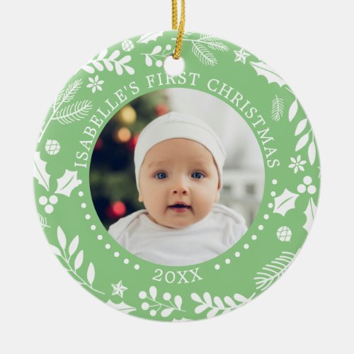 Winter Greenery Baby First Christmas Photos Ceramic Ornament