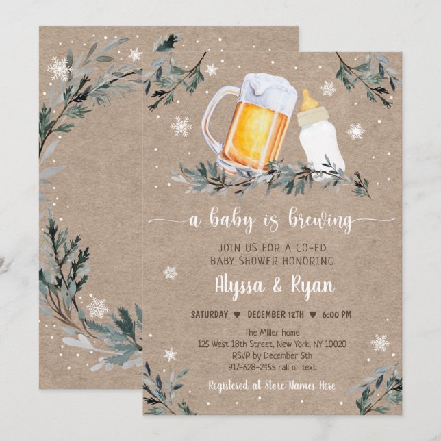 Winter Greenery Baby Is Brewing Baby Shower Invitation (Front/Back)