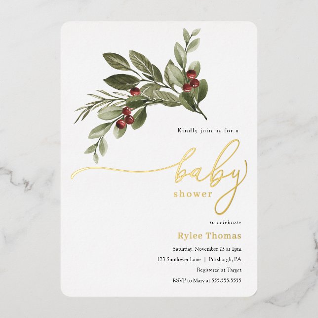 Winter Greenery Baby Shower Foil Invitation (Front)
