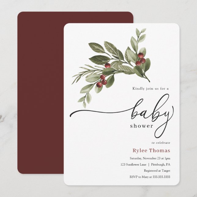 Winter Greenery Baby Shower Invitation (Front/Back)