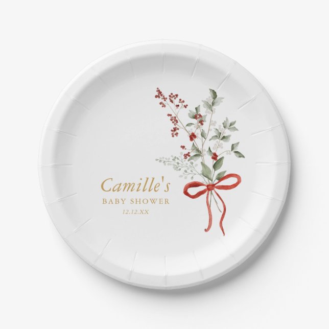 Winter Greenery Baby Shower Paper Plates (Front)