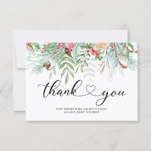 Winter Greenery baby shower thank you card