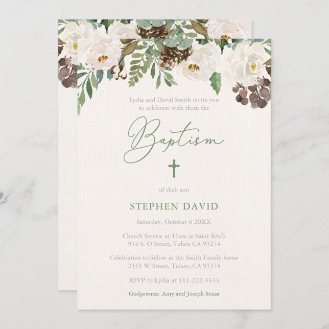 Winter Greenery Baptism Reception for Boy Invitation (Front/Back)