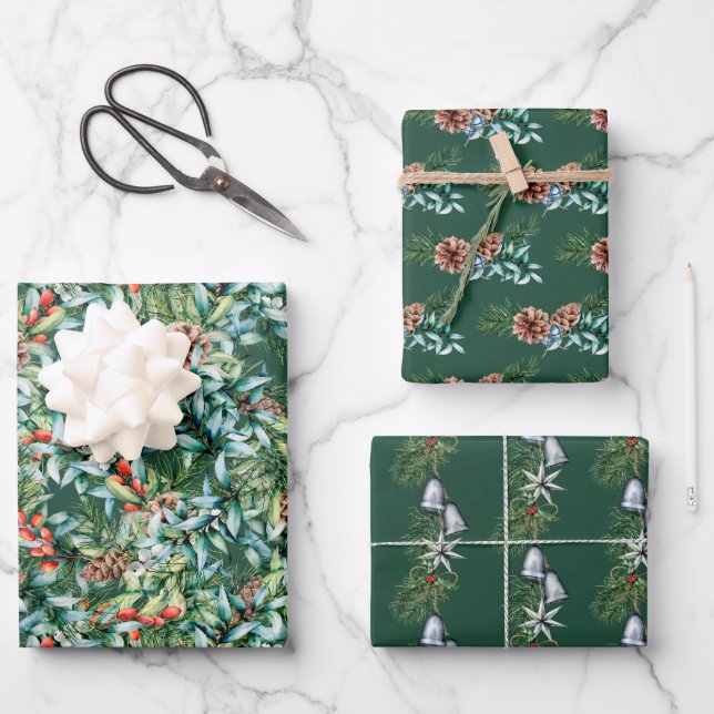 Winter Greenery, Bells and Pinecone Christmas Wrapping Paper Sheets (Front)