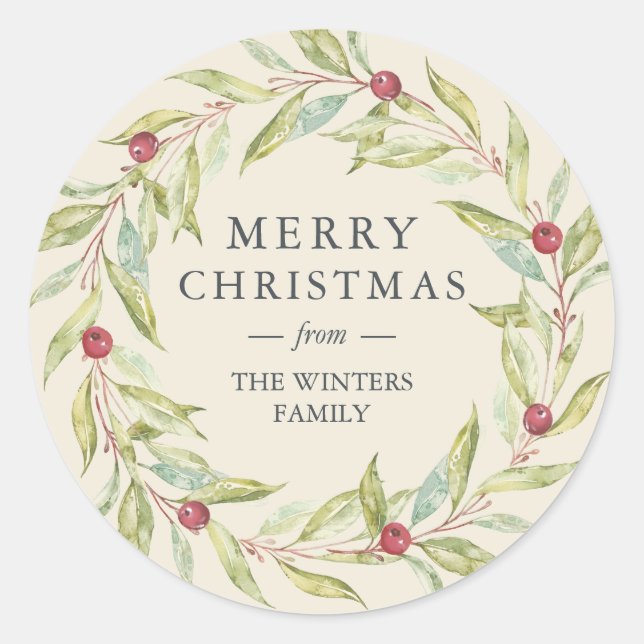 Winter Greenery Berries Wreath Christmas Antique Classic Round Sticker (Front)