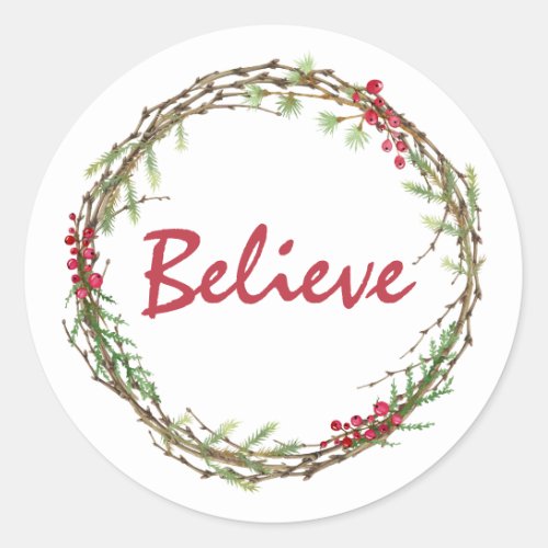 Winter Greenery Berries Wreath Christmas Believe C Classic Round Sticker