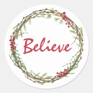 Winter Greenery Berries Wreath Christmas Believe C Classic Round Sticker